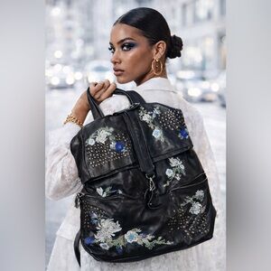 Free People Black Leather Hand-painted Backpack with Silver Studs